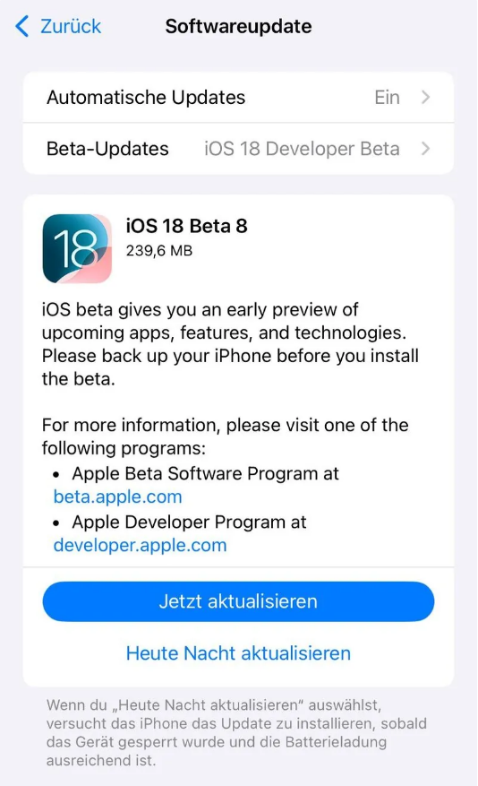 曲沃苹果手机维修分享苹果 iOS / iPadOS 18 开发者预览版 Beta 8 发布 